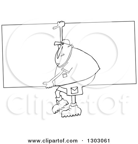 Lineart Clipart of a Black and White Cartoon Chubby Man Carrying a Big Board - Royalty Free Outline Vector Illustration by djart