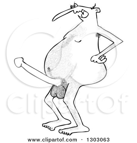 Lineart Clipart of a Cartoon Hairy Black and White Nude Man Flaunting a Boner - Royalty Free Outline Vector Illustration by djart