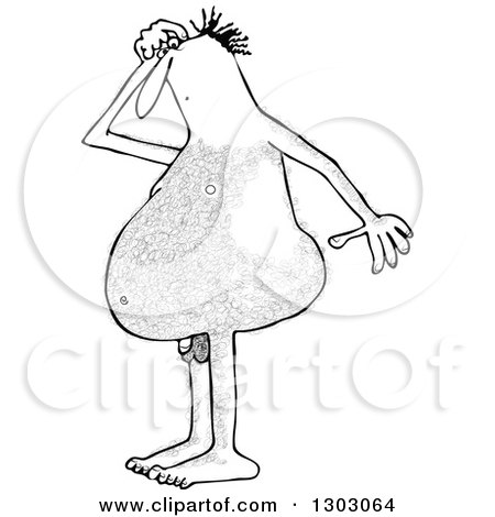Lineart Clipart of a Cartoon Hairy Black and White Nude Man Looking down at His Small Penis - Royalty Free Outline Vector Illustration by djart