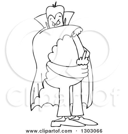 Lineart Clipart of a Cartoon Black and White Chubby Dracula Vampire Flipping the Bird - Royalty Free Outline Vector Illustration by djart