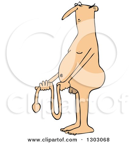 Clipart of a Cartoon Nude White Man Holding a Two Foot Long Wiener - Royalty Free Vector Illustration by djart