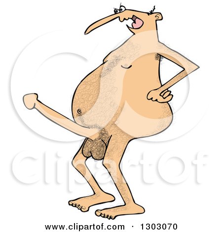 Clipart of a Cartoon Hairy Nude White Man Flaunting a Boner - Royalty Free Vector Illustration by djart