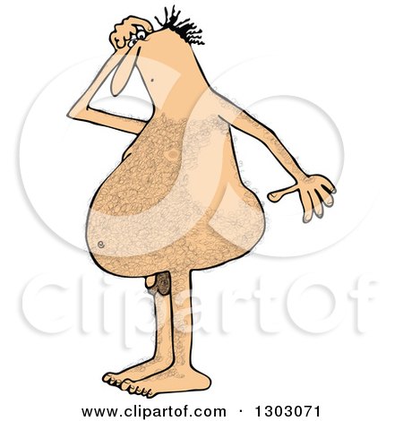 Clipart of a Cartoon Hairy Nude White Man Looking down at His Small Penis - Royalty Free Vector Illustration by djart