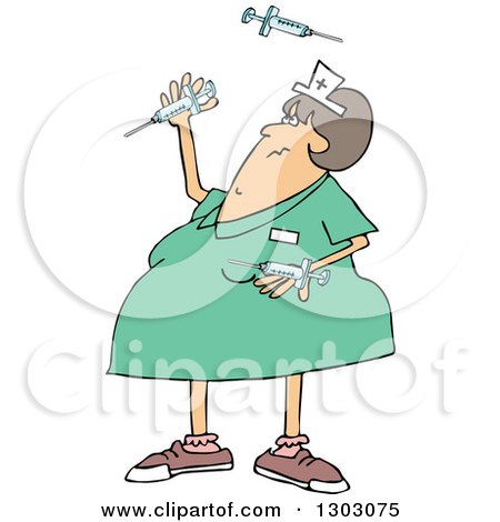 Clipart of a Cartoon Chubby White Female Nurse Juggling Vaccine Syringes - Royalty Free Vector Illustration by djart