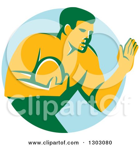 Clipart of a Retro Male Rugby Player Fending off in a Blue Circle - Royalty Free Vector Illustration by patrimonio
