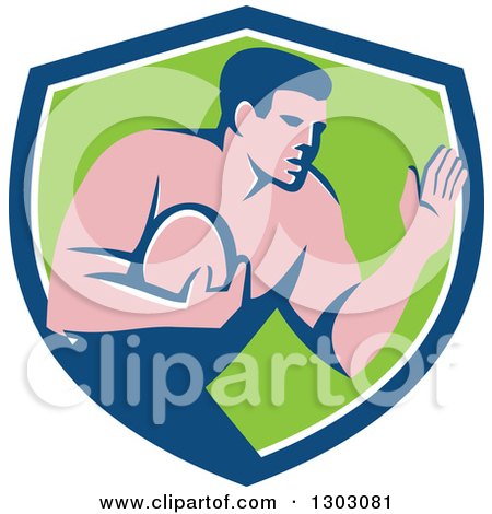 Clipart of a Retro Male Rugby Player Fending off in a Blue White and Green Shield - Royalty Free Vector Illustration by patrimonio