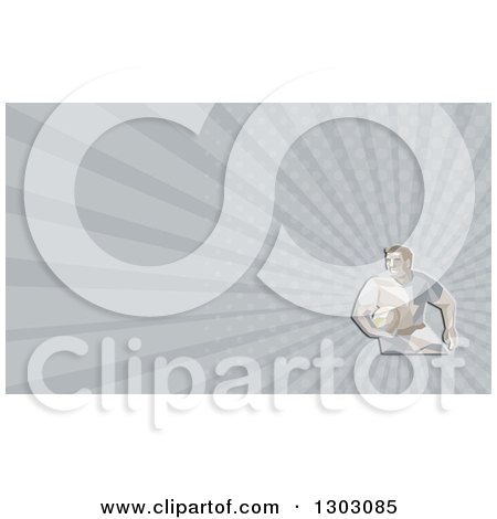 Clipart of a Retro Geometric Male Rugby Player and Gray Rays Background or Business Card Design - Royalty Free Illustration by patrimonio