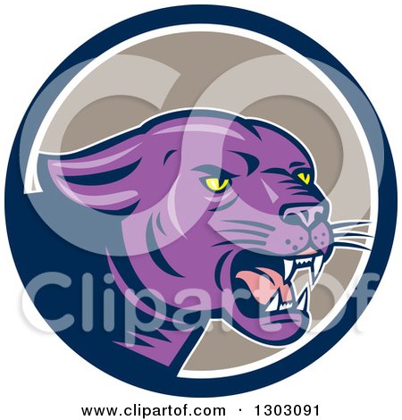 Clipart of a Growling Purple Black Panther Cat in a Blue White and Taupe Circle - Royalty Free Vector Illustration by patrimonio
