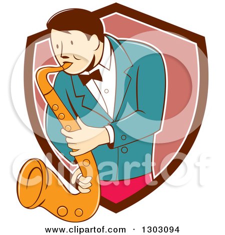 Clipart of a Retro Cartoon Male Musician Playing a Saxophone and Emerging from a Brown White and Pink Shield - Royalty Free Vector Illustration by patrimonio
