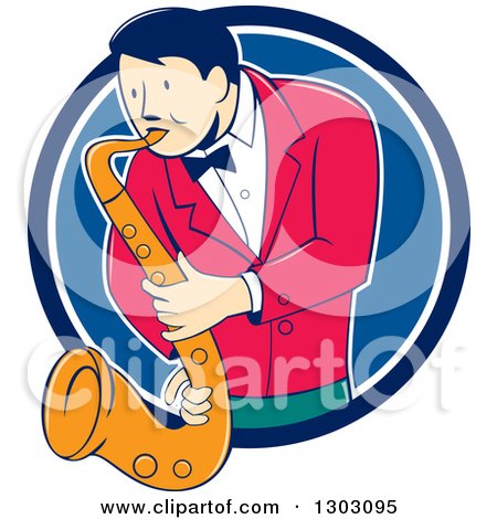 Clipart of a Retro Cartoon Male Musician Playing a Saxophone and Emerging from a Blue and White Circle - Royalty Free Vector Illustration by patrimonio