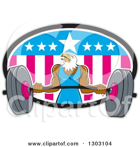 Clipart of a Cartoon Muscular Bald Eagle Bodybuilder Man Lifting a Heavy Barbell and Emerging from an American Oval - Royalty Free Vector Illustration by patrimonio