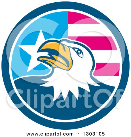 Clipart of a Cartoon Tough Bald Eagle in a Blue White and American Flag Circle - Royalty Free Vector Illustration by patrimonio