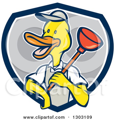 Clipart of a Cartoon Duck Plumber Worker Man Holding a Plunger in a Blue White and Gray Shield - Royalty Free Vector Illustration by patrimonio