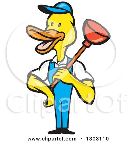 Clipart of a Cartoon Duck Plumber Worker Man Holding a Plunger - Royalty Free Vector Illustration by patrimonio