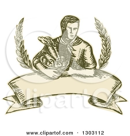 Clipart of a Sketched or Engraved Farmer Holding a Harvest Basket with Branches over a Banner - Royalty Free Vector Illustration by patrimonio