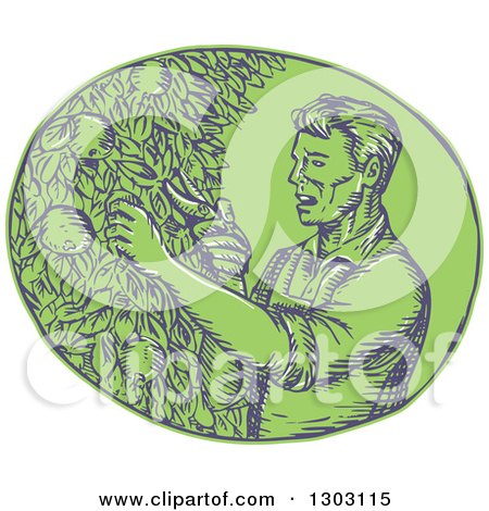 Clipart of a Sketched or Engraved Male Orchadist Trimming a Plum Tree in a Green Oval - Royalty Free Vector Illustration by patrimonio