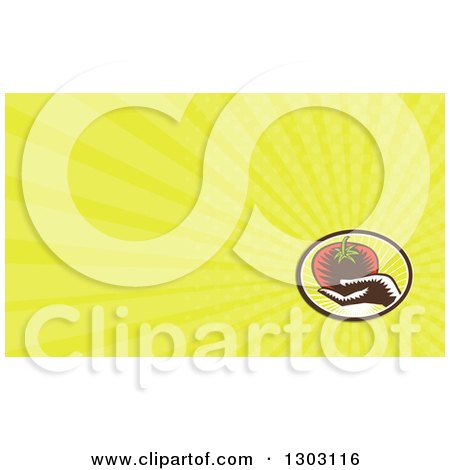 Clipart of a Retro Woodcut Hand Holding a Plump Tomato and Yellow Rays Background or Business Card Design - Royalty Free Illustration by patrimonio