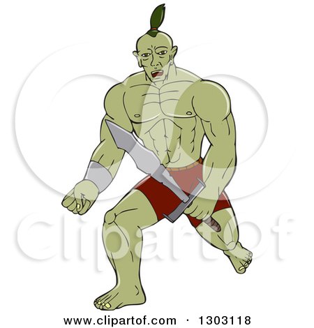 Clipart of a Cartoon Green Orc Warrior Walking with a Sword - Royalty Free Vector Illustration by patrimonio