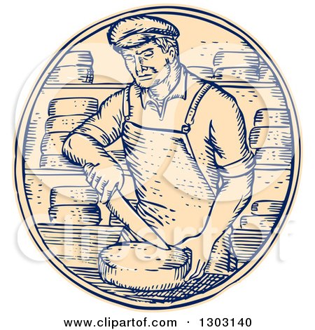 Clipart of a Sketched or Engraved Cheesemaker Cutting Cheddar in a Circle - Royalty Free Vector Illustration by patrimonio