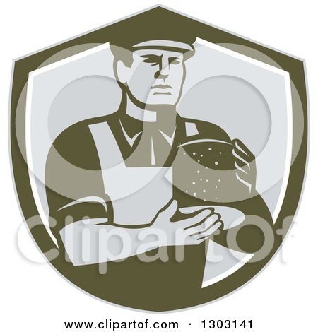 Clipart of a Retro Male Cheesemaker Holding a Parmesan Round in a Dark Green White and Gray Shield - Royalty Free Vector Illustration by patrimonio