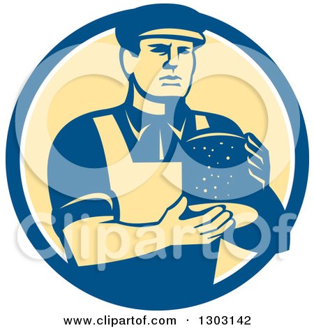 Clipart of a Retro Male Cheesemaker Holding a Parmesan Round in a Blue White and Yellow Circle - Royalty Free Vector Illustration by patrimonio