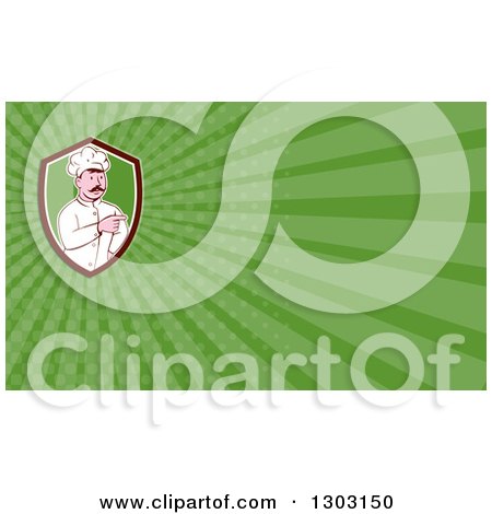 Clipart of a Retro Cartoon White Male Head Chef with a Mustache, Pointing and Green Rays Background or Business Card Design - Royalty Free Illustration by patrimonio