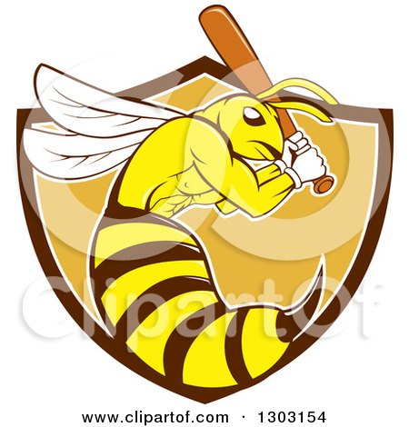 Clipart of a Retro Cartoon Killer Bee Baseball Player Mascot Batting in a Bown White and Orange Shield - Royalty Free Vector Illustration by patrimonio