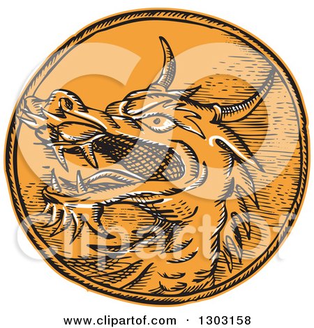 Clipart of a Sketched or Engraved Chinese Dragon Head Circle - Royalty Free Vector Illustration by patrimonio