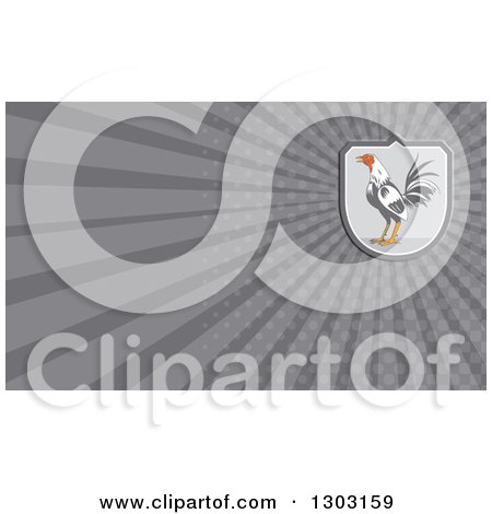 Clipart of a Retro Rooster in a Shield and Gray Rays Background or Business Card Design - Royalty Free Illustration by patrimonio