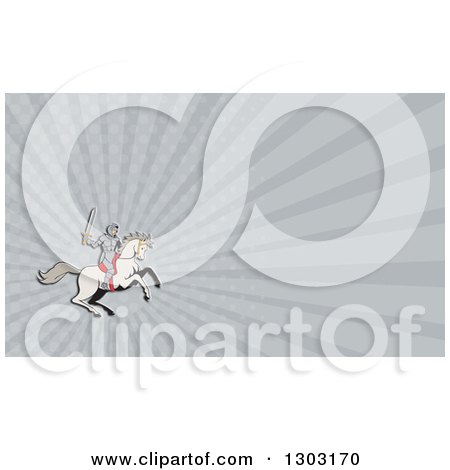 Clipart of a Retro Cartoon Horseback Knight Wielding a Sword and Gray Rays Background or Business Card Design - Royalty Free Illustration by patrimonio