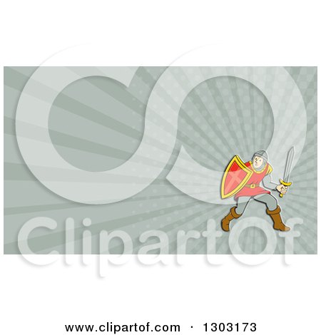 Clipart of a Retro Cartoon Male Knight in Armor, Holding a Sword and Shield and Rays Background or Business Card Design - Royalty Free Illustration by patrimonio