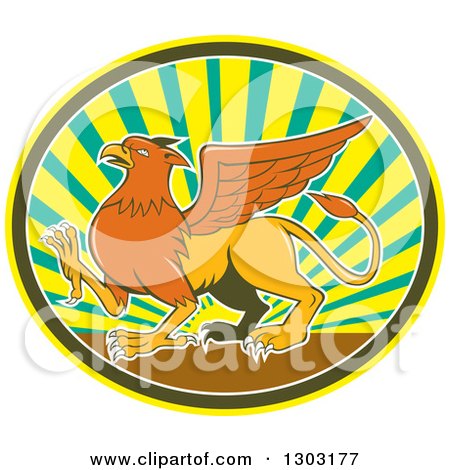 Clipart of a Retro Cartoon Mythical Griffin Creature Walking in an Oval of Rays - Royalty Free Vector Illustration by patrimonio