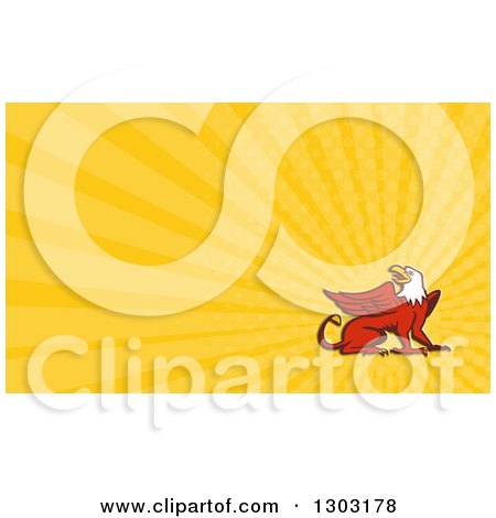Clipart of a Retro Griffin and Yellow Rays Background or Business Card Design - Royalty Free Illustration by patrimonio