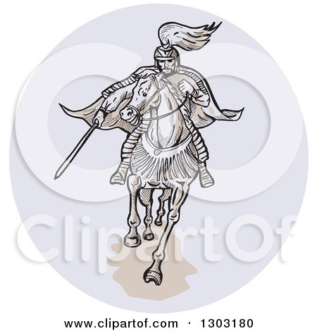 Clipart of a Sketched or Engraved Samurai Warrior on Horseback in a Circle - Royalty Free Vector Illustration by patrimonio