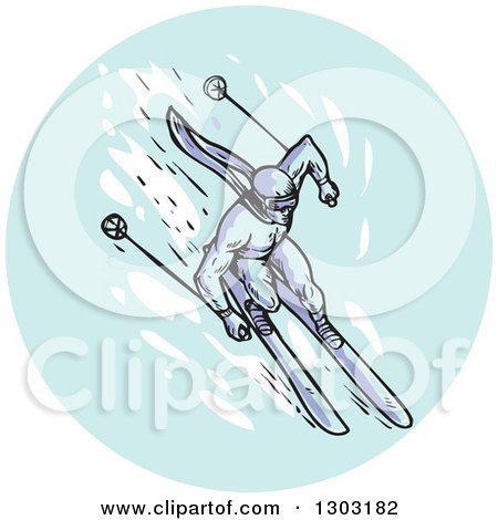 Clipart of a Sketched or Engraved Skier Slaloming - Royalty Free Vector Illustration by patrimonio