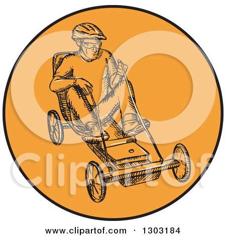 Clipart of a Sketched or Engraved Man Racing a Soapbax - Royalty Free Vector Illustration by patrimonio