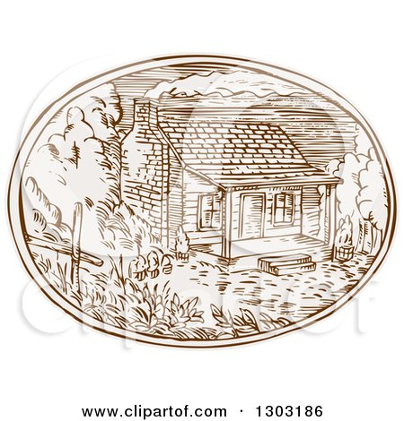 Clipart of a Sketched or Engraved Log Cabin with Smoke Rising Rom the Chimney in an Oval - Royalty Free Vector Illustration by patrimonio