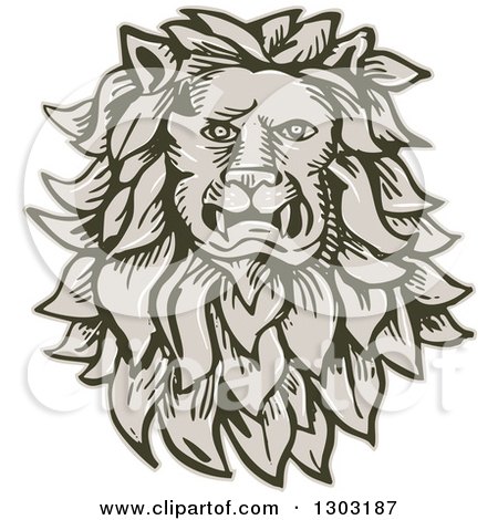 Clipart of a Sketched or Engraved Male Lion Head with a Long Mane - Royalty Free Vector Illustration by patrimonio