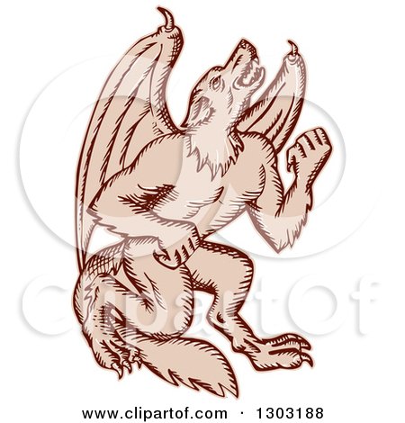 Clipart of a Sketched or Engraved Kludde Bat Winged Wild Dog Monster - Royalty Free Vector Illustration by patrimonio