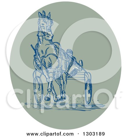 Clipart of a Sketched or Engraved Harness Racing Scene in an Oval - Royalty Free Vector Illustration by patrimonio