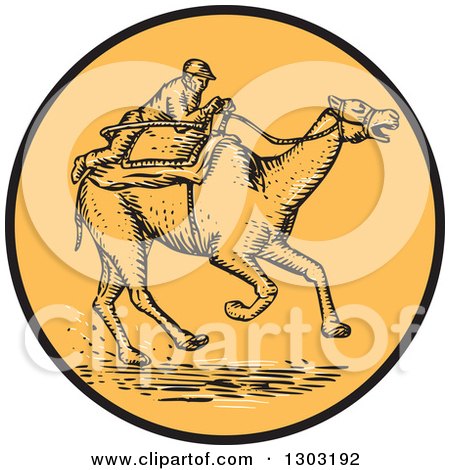 Clipart of a Sketched or Engraved Jockey Racing a Camel in a Circle - Royalty Free Vector Illustration by patrimonio