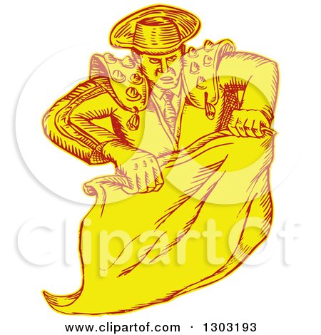 Clipart of a Sketched or Engraved Spanish Bullighter Matador Holding a Cape - Royalty Free Vector Illustration by patrimonio