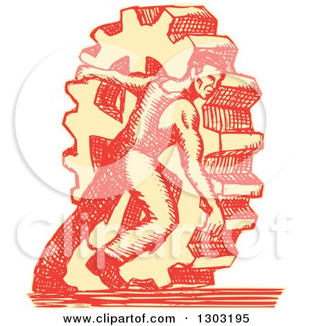 Clipart of a Sketched or Engraved Factory Worker Rolling a Giant Gear Cog Wheel - Royalty Free Vector Illustration by patrimonio