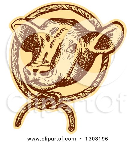 Clipart of a Sketched or Engraved Cow Head in a Rope Circle - Royalty Free Vector Illustration by patrimonio