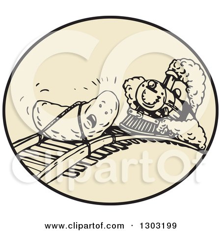 Clipart of a Date Fruit Tied to a Track with a Steam Train Approaching in a Circle - Royalty Free Vector Illustration by patrimonio