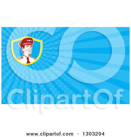 Clipart of a Retro Male Commercial Aircraft Pilot and Blue Rays Background or Business Card Design - Royalty Free Illustration by patrimonio