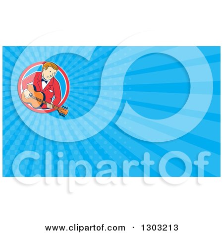 Clipart of a Retro Cartoon White Male Musician Playing a Guitar and Blue Rays Background or Business Card Design - Royalty Free Illustration by patrimonio