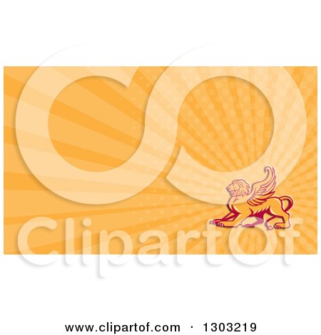 Clipart of a Retro Winged Lion and Orange Rays Background or Business Card Design - Royalty Free Illustration by patrimonio