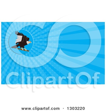 Clipart of a Retro Condor Landing and Blue Rays Background or Business Card Design - Royalty Free Illustration by patrimonio