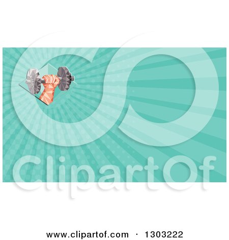 Clipart of a Retro Low Polygon Geometric Hand Holding up a Dumbbel and Turquoise Rays Background or Business Card Design - Royalty Free Illustration by patrimonio